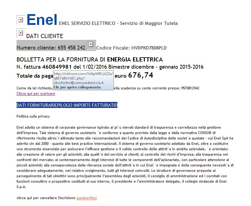 Esempio di mail ENEL contenete virus ransomware